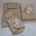 سرویس خواب 4 تکه مخمل توپی نوزاد طرح خرس الدوز رنگ کرم